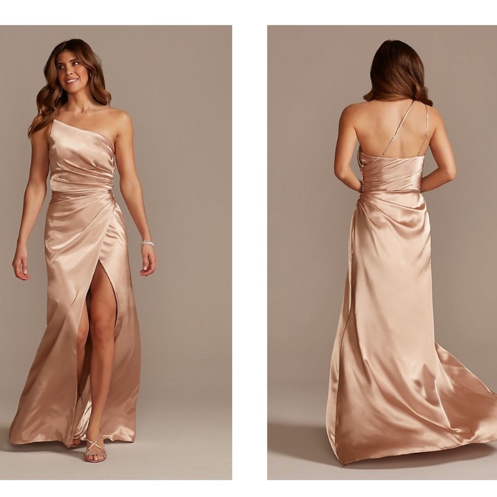 Sand Charmeuse Draped One-Shoulder Bridesmaid Dress from David’s Bridal